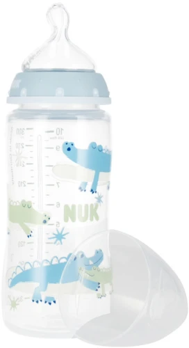 NUK Butelka 300ml z smoczkiem 6-18msc z wkaźnikiem temoeratury niebieska Mr Puggy.webp